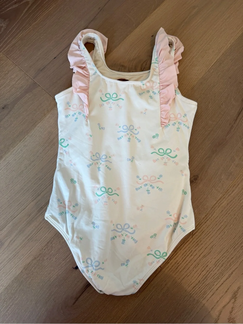 The Beaufort Bonnet Company Cream One-Piece Swimsuit with Pink Ruffles